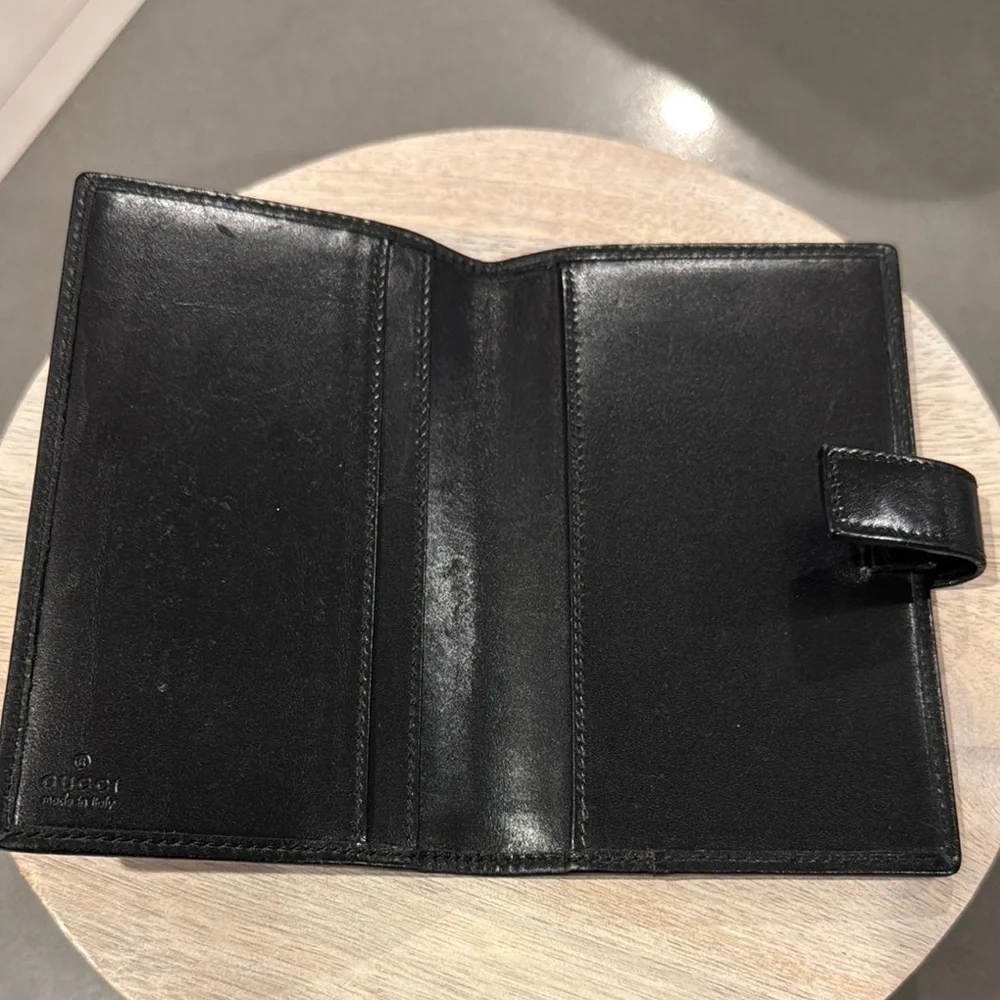Gucci Pre Owned Black Canvas Monogram Wallet with inside Leather & Trim.